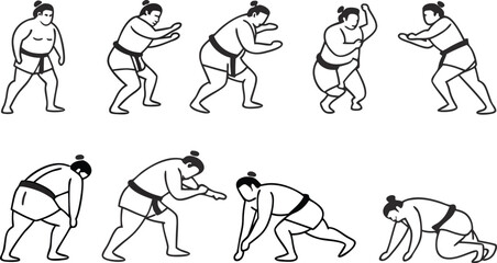 Fototapeta premium Dynamic sumo wrestler poses, showcasing strength and tradition in athletic combat, perfect for martial arts, cultural events, and sports promotions