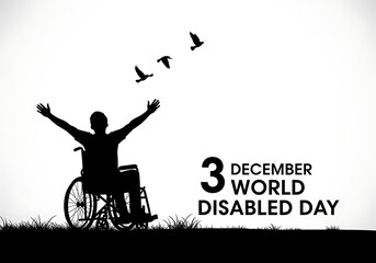 Silhouette of a person in a wheelchair with arms raised in celebration, with birds flying above, marking world disabled day on december 3rd