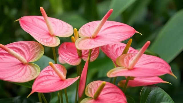 Cluster of pink anthurium flowers with spadices against green leafy backdrop