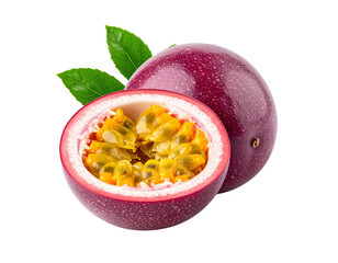 Whole and halved passion fruit with green leaves isolated on transparent background