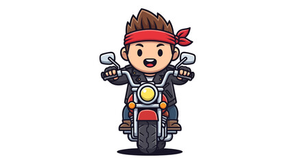 Fototapeta premium Cartoon Biker Character Riding a Motorcycle with Red Bandana against White Backdrop