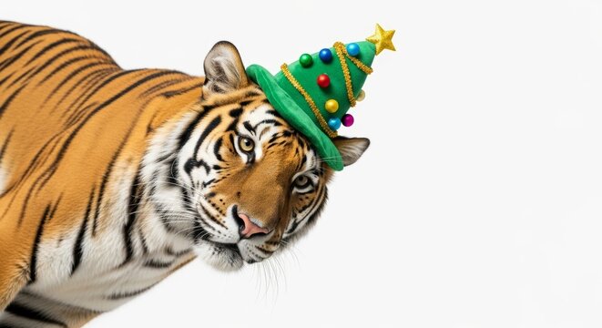 tiger wearing a Christmas tree hat, holiday animal graphic, on a white background