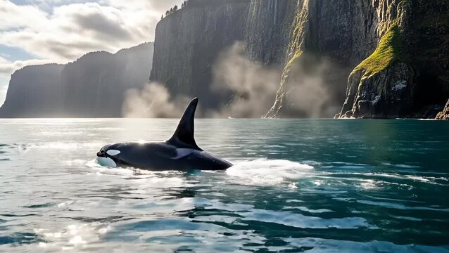Black and white orca whale swimming close to tall sea cliffs in sunlight