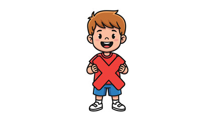 Cartoon illustration of happy boy holding a large red X sign with cute character design