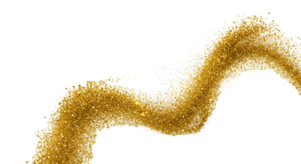 A dynamic, curving stream of shimmering fine gold particles and luminous dust in mid-swirl, against a pristine transparent background with copy space. Concept of opulent celebration
