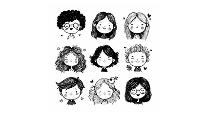 Fototapeta premium Collection of nine hand drawn cartoon faces with various hairstyles and expressions in black and white style