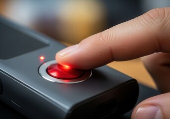 Close-up of a finger pressing a glowing red record button on a digital voice recorder. Starting an interview or dictation. Technology and activation concept