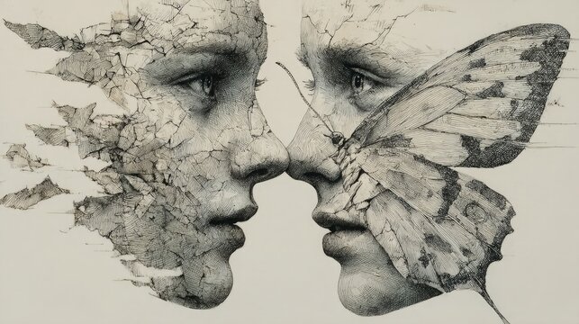 Artistic sketch of two faces merging into a butterfly, showing unity through transformation. Realistic texture, delicate graphite work, and emotional concept on white background.