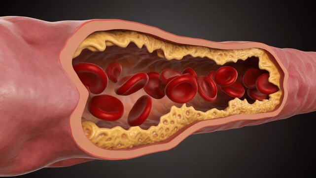 Cross-section of a blood vessel showing red blood cells flowing through a constricted artery due to plaque buildup.