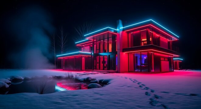 Futuristic NeonLit House in Winter Wonderland Night Scene Modern Architecture. - Powered by Adobe