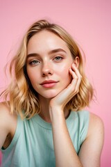 Naklejka premium Young woman with soft features resting her chin on her hand against a pink background