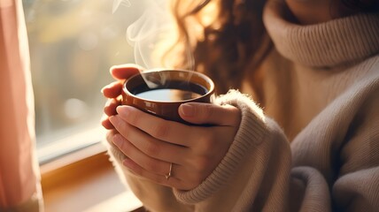 Hands holding steaming mug by sunlit window