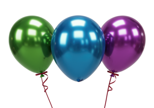 Three distinct metallic balloons: emerald, sapphire, amethyst with burgundy ribbons, isolated on a transparent background with copy space, festive celebration atmosphere