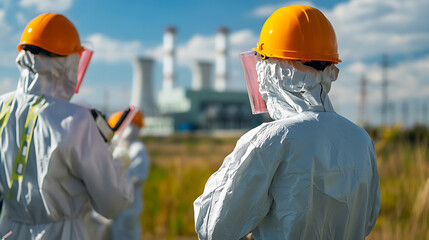Hazard control team in protective gear inspecting a factory or industrial site. Health and safety inspectors for a risk assessment wearing PPE and hardhats near the facility.