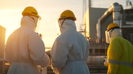 Team of technicians, adorned in protective gear, stands at a manufacturing site at sunset. Their work is vital for maintaining safety and efficiency in a potentially hazardous environment.
