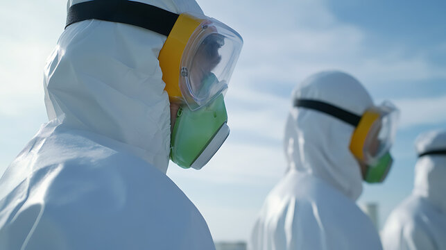 Hazmat team standing in protective gear against a blue sky. Focus on teamwork and safety. Medical professionals dedicated to protection. 180 characters - Powered by Adobe