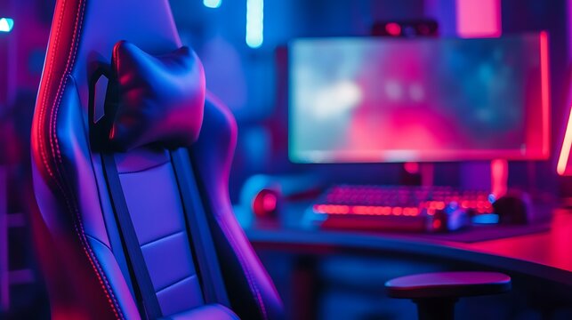 Close up of a gaming chair with a monitor and keyboard in the background illuminated with neon lights - Powered by Adobe