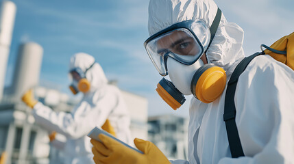 Two people in hazmat suits and respirators with storage tanks behind them, showing the importance of safety measures and the environment. Close up of a man holding a tablet.