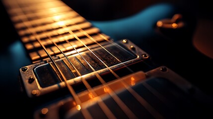 A close up shot of a black electric guitar with strings and pickups in warm lighting detail