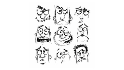 Naklejka premium Collection of nine cartoon faces displaying a variety of expressions and emotions in black and white sketch