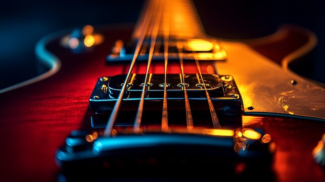 Close up view of a red electric guitar with strings and pickups in a dark and moody atmosphere