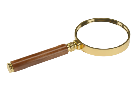 Classic wooden handle magnifying glass with golden rim isolated on transparent background