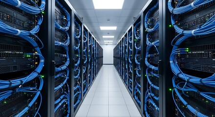 Data Center Server Room with Rows of Rack Servers and Blue Cables