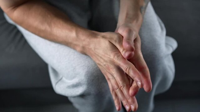 A man in gray sweatpants sits on a sofa, shaking his legs.
Nerves and anxiety.
The man suffers from a nervous disorder and cannot sit still.
Stress and nerves