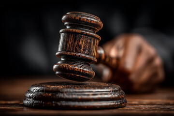 judge's gavel resting on polished wooden table, rich brown and deep black tones, soft depth of field creating focus,