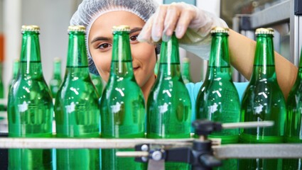 Woman inspecting green glass bottles in a beverage production facility