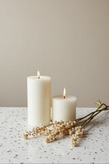 Cozy Minimalist Candle Arrangement with Dried Flowers and Warm Light
