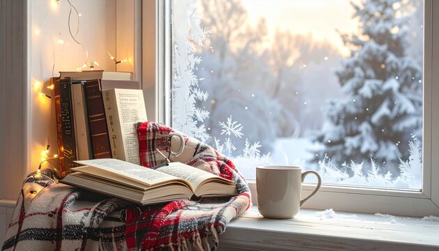 Cozy winter reading nook with plaid blanket, mug, books, and frosted snowy window