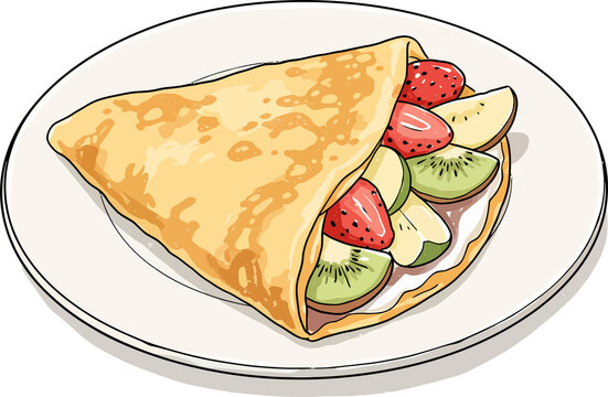 Sweet crepe filled with whipped cream and fresh fruits, ideal for dessert or bakery designs.