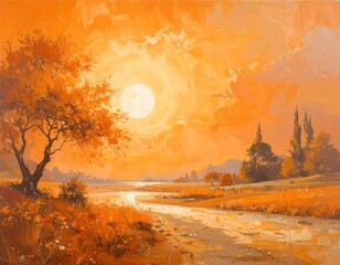 Autumn landscape at sunset