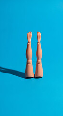 Artificial human legs posed against a vibrant blue background with dramatic shadow