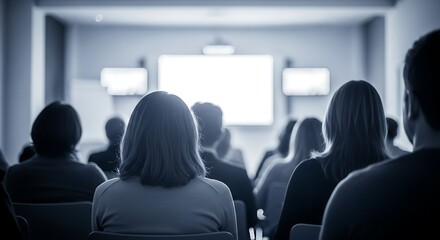 Audience in a conference room facing a projector screen during a presentation