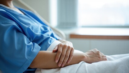 Obraz premium Patient in blue hospital gown resting in a medical facility, conveying care