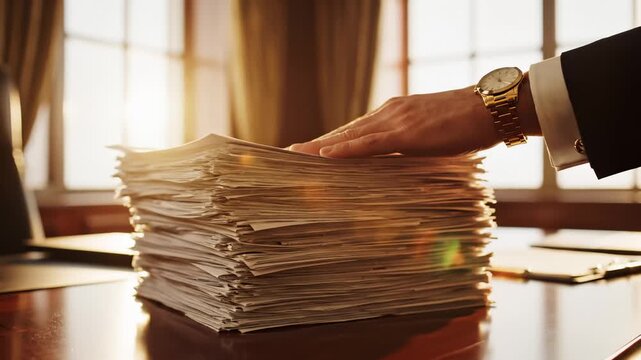 Hand Sorting Through Stack of Papers on Desk in Office