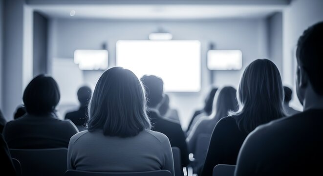 Audience in a conference room facing a projector screen during a presentation