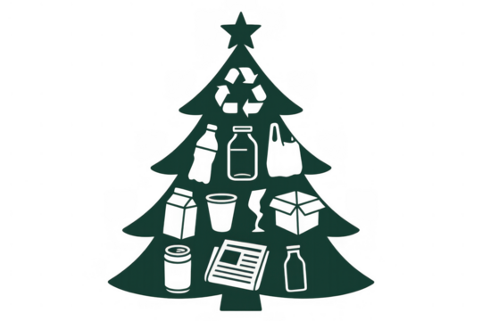 Christmas tree with recycling symbols and waste items, representing eco-friendly holiday waste management, green environmental conservation concept