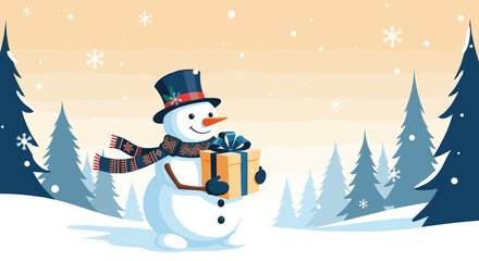 Fototapeta premium A cheerful snowman wearing a hat and scarf holds a gift box in a snowy forest scene with falling snowflakes.