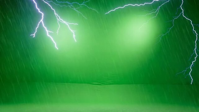 Bright white lightning bolts striking across a dark green background with rain streaks thunder storm
