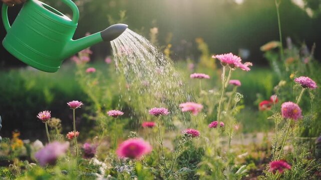 夏の朝、庭の花々に優しく水をやるじょうろ