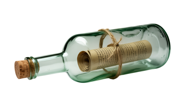 A vintage glass bottle with a cork stop displayed in rustic setting