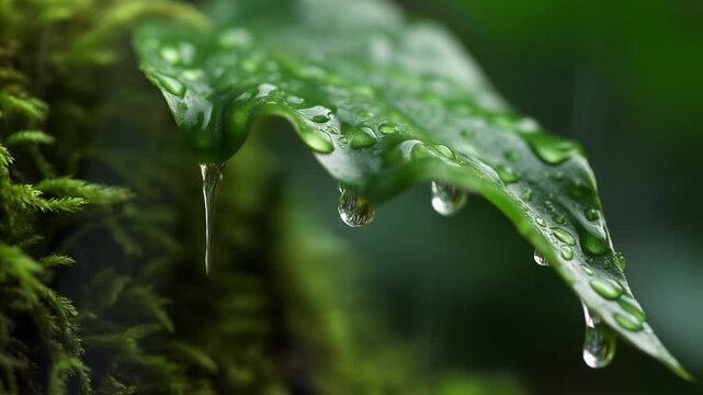 雨上がりの森、葉から滴る雫と苔の緑