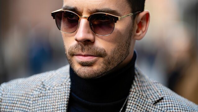 Stylish man wearing sunglasses and a turtleneck sweater in urban setting - Powered by Adobe