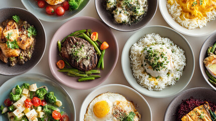 An overhead shot of multiple bowls filled with various healthy dishes