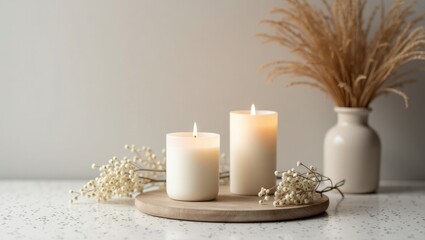 Cozy Minimalist Candle Arrangement with Dried Flowers and Warm Light