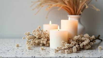 Cozy Minimalist Candle Arrangement with Dried Flowers and Warm Light