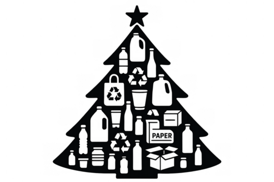 Christmas tree creating from recycled plastic and paper waste symbolizing sustainable holiday practices and eco friendly celebration